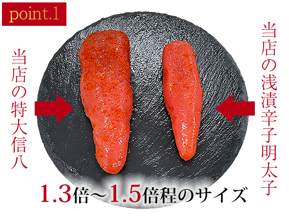 特大信八の人気の秘密は、まずその大きさにあります！写真も右側が当店で販売しております。「辛子明太子 浅漬」です。片腹（1本)約：60〜70ｇほどになります。そして、左側の「特大信八」は、なんと！100g程ございます！！！
