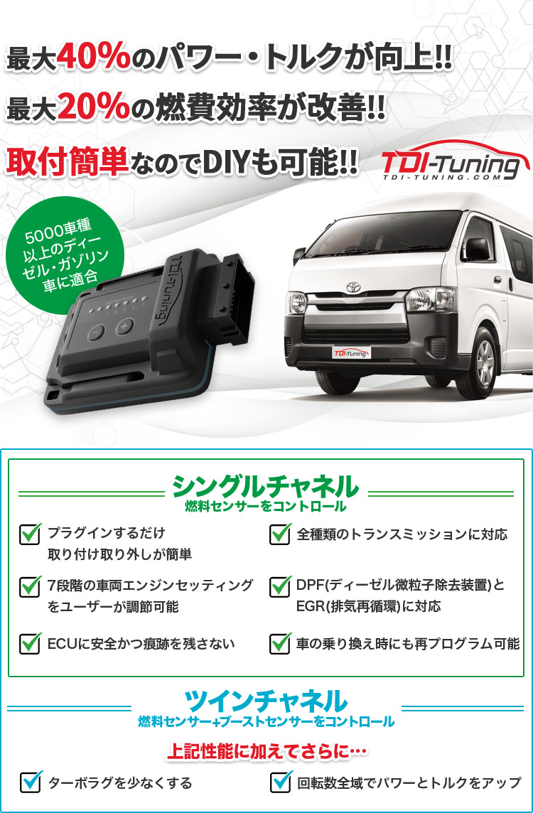 TOYOTA 新型ハイエース・レジアスエース 200系 2.8 151PS CRTD4® TWIN CHANNEL Diesel TDI Tuning  車の燃費向上・パワーアップ・トルクアップ、サブコンその他輸入カーパーツは、TDI Tuning JAPAN m-flow にお任せ！