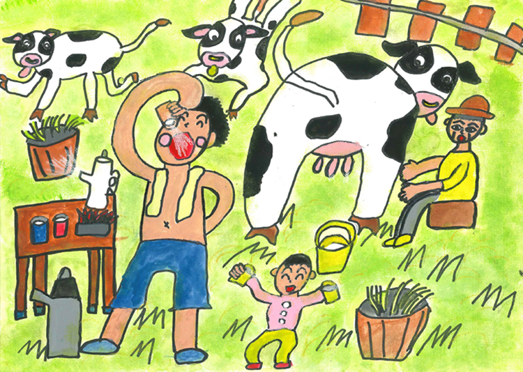 牛の乳を絞る姿と牛乳を飲む姿を描いた子供の絵